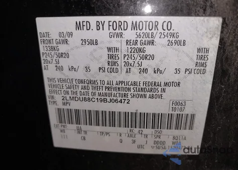 2009 Lincoln Mkx из США, поврежденный, VIN 2LMDU88C19BJ06472